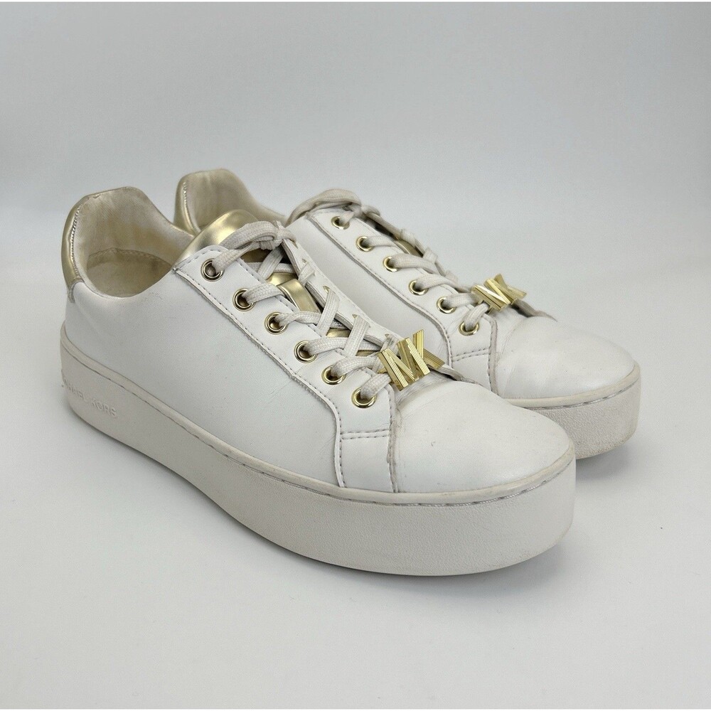 Michael Kors Shea Faux Leather Sneakers Womens Sz 7.5 White Logo Casual Shoes - Picture 2 of 8